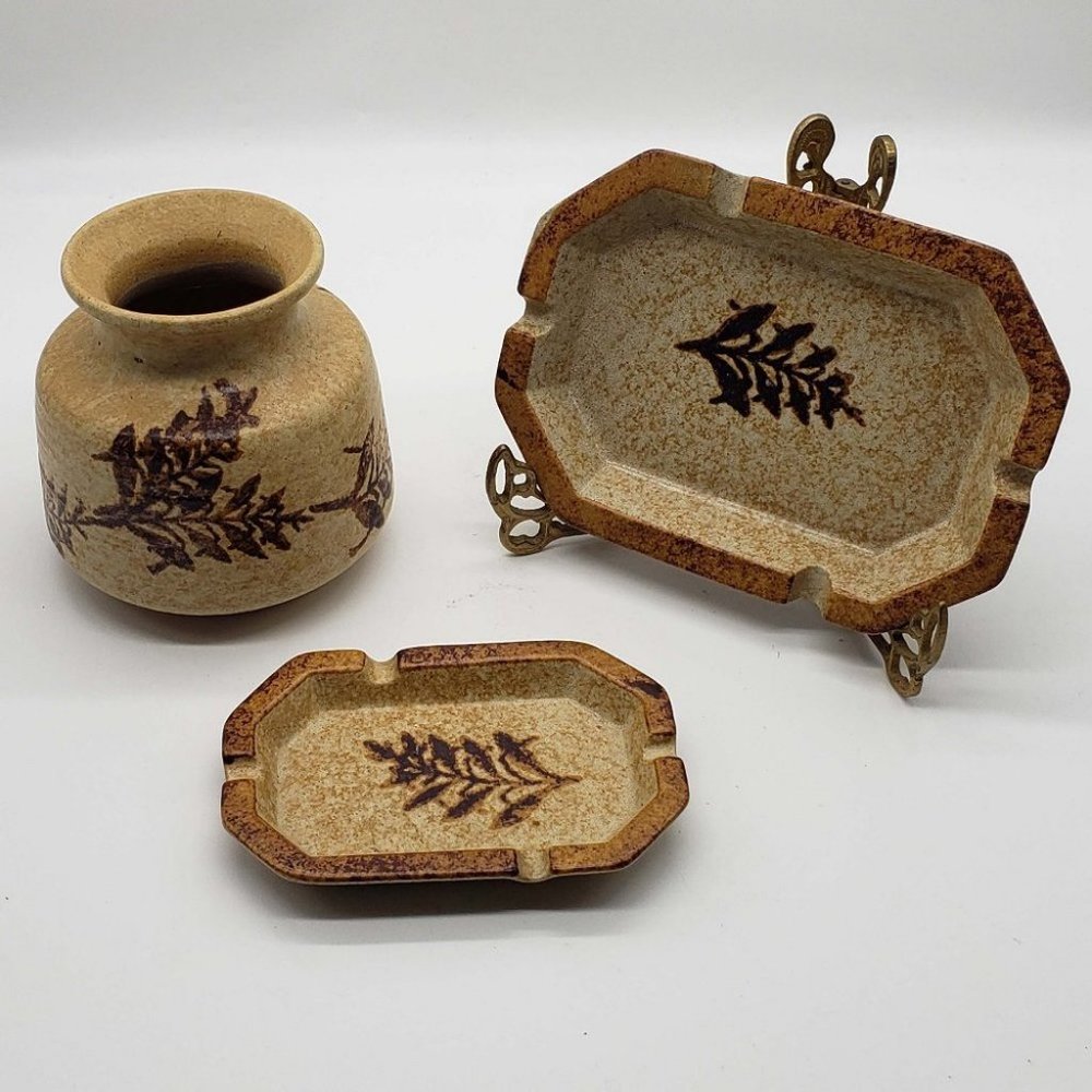 3 pc mid century modern MCM Pottery Craft stoneware vase & ashtrays